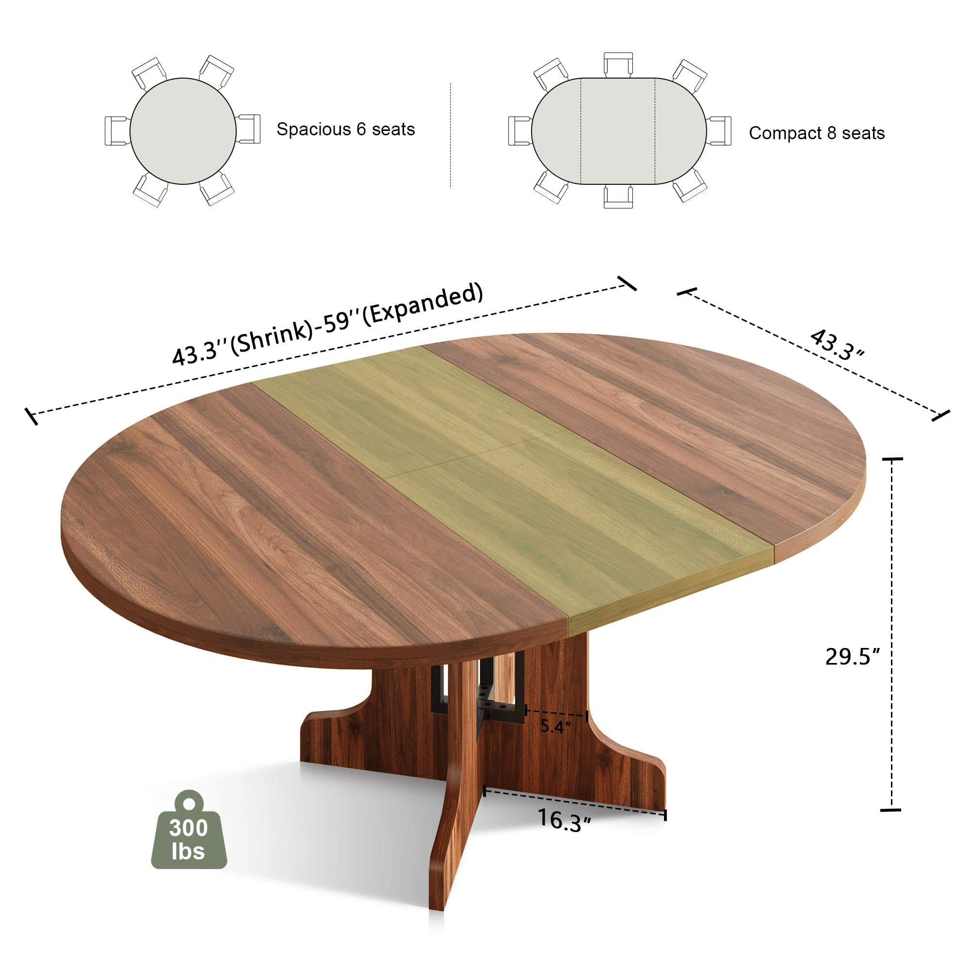 Feonase 59" Round Extendable Dining Room Table for 4-6, Modern Oval Kitchen Table with Heavy Duty Wood Base, Metal Frame Support, for Dining Kitchen Living Room, Easy Assembly, Noise-Free, Walnut