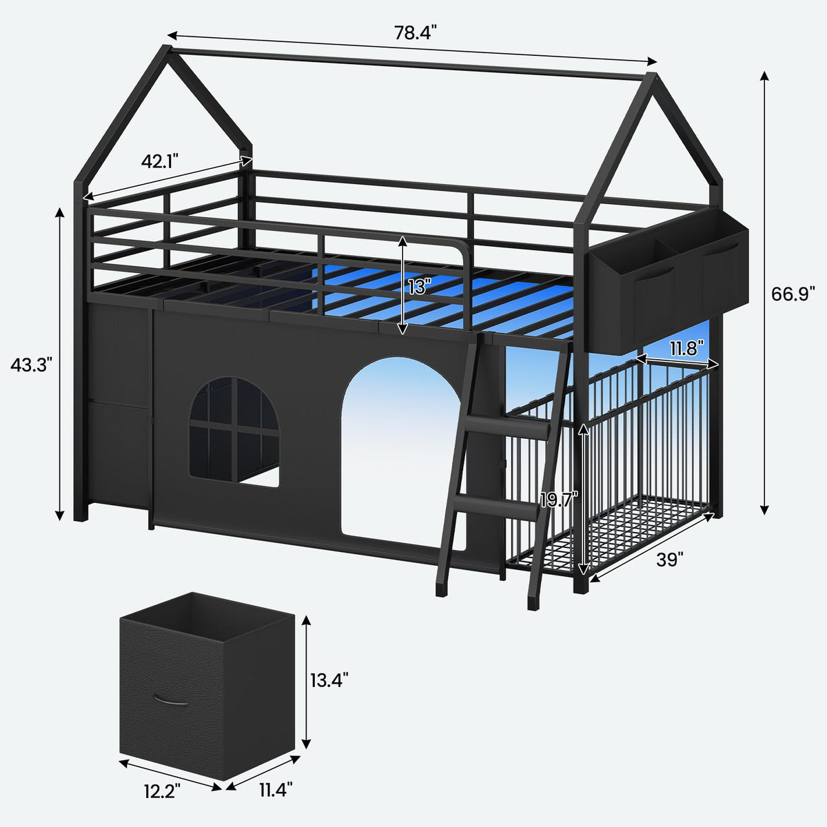 Low Loft Bed T Size with 6 Storage Drawers,Stuffed Animal Storage,LED Light