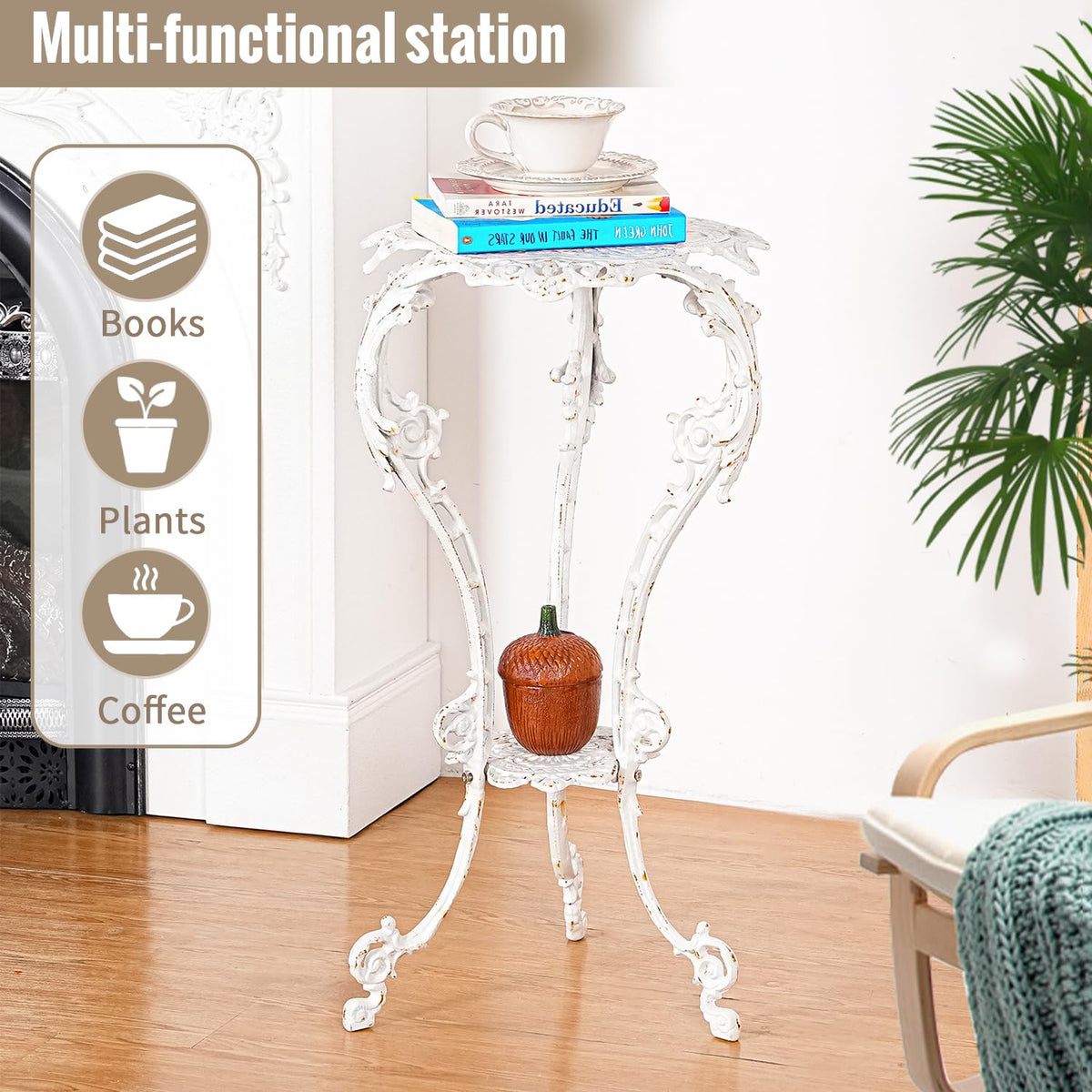 Sungmor Cast Iron Plant Stand, Victorian Fern, Rustic White, Outdoor Indoor