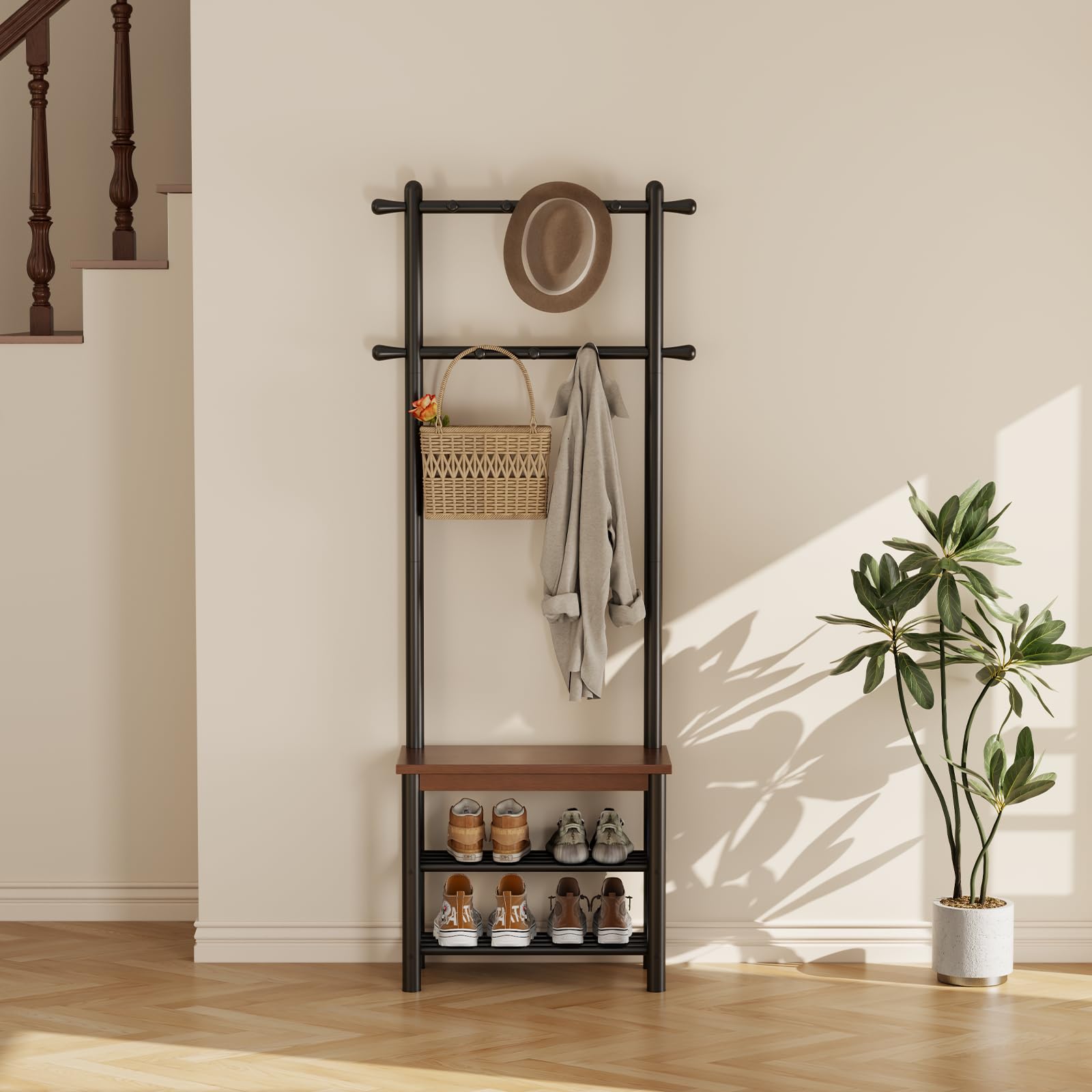 3-in-1 Entryway Coat Rack with Bench & Shoe Storage