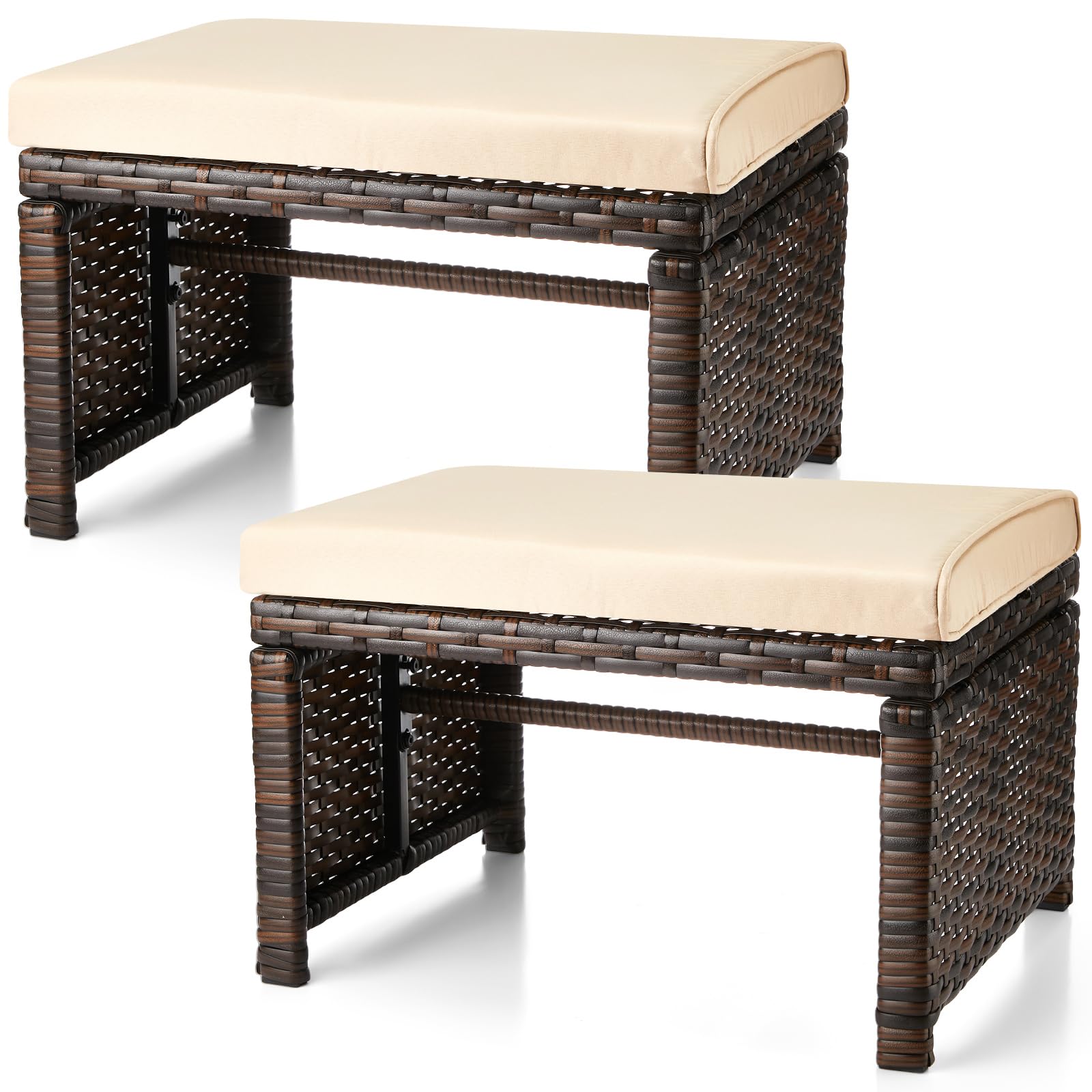 Outdoor Rattan Ottoman Set of 2 with Removable Cushions