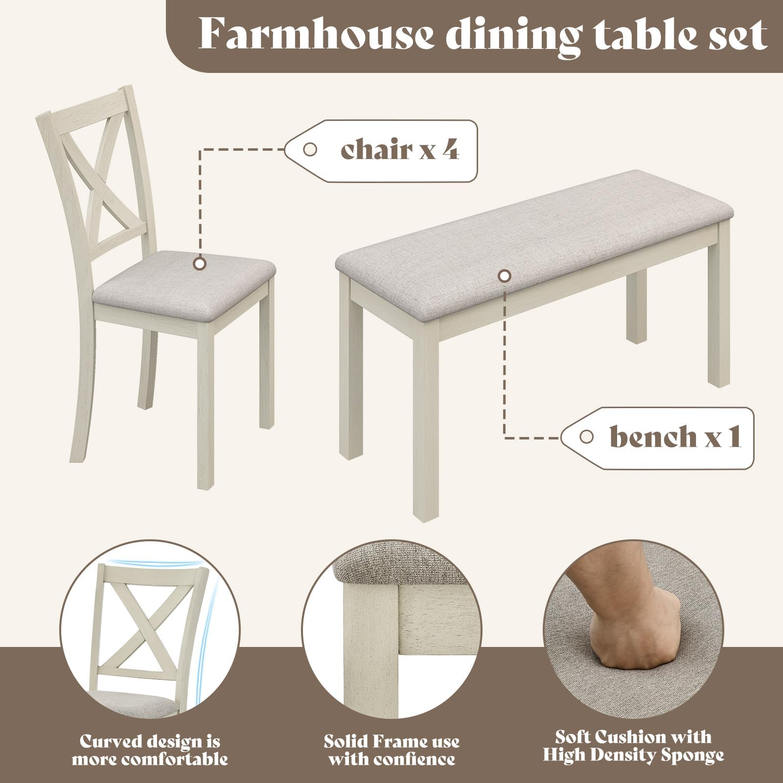 6-Piece Farmhouse Dining Table Set with Chairs & Bench