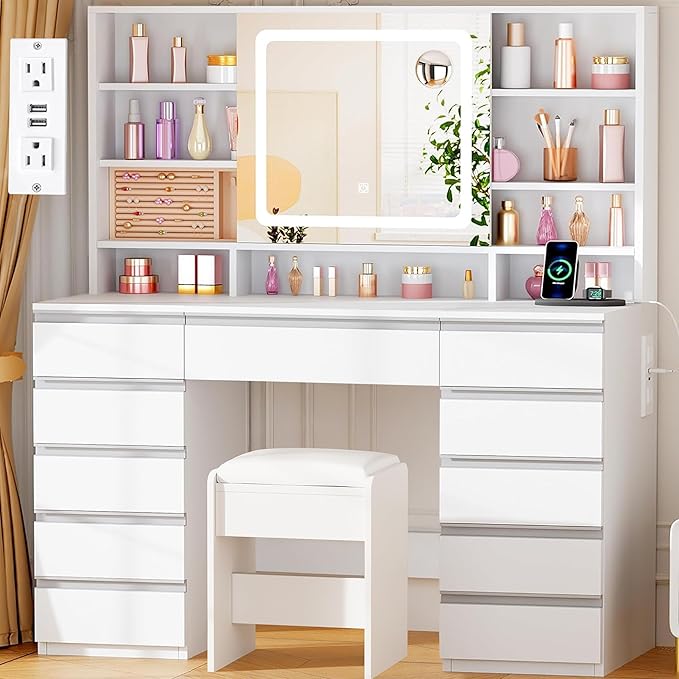 Lighted Vanity Desk with Sliding Mirror, 11 Drawers & Stool