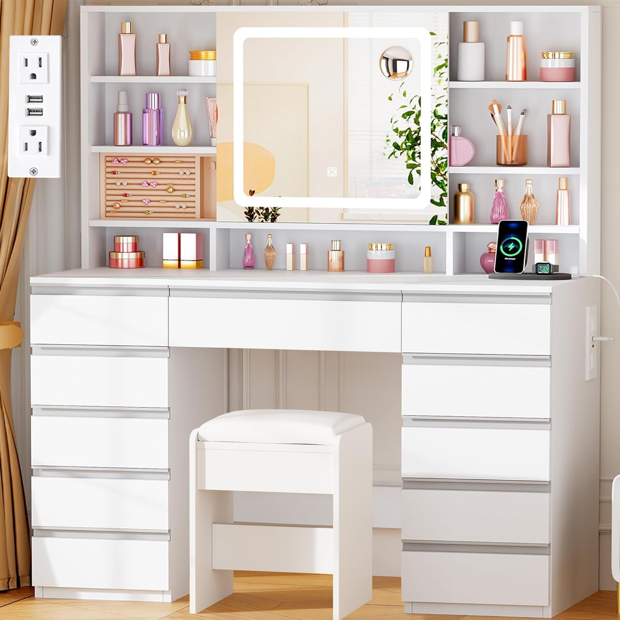 ANWBROAD 43'' Large Vanity Desk with Sliding Mirror and Lights, Makeup Vanity Table with Jewelry Organizer,11 Drawers,6 Shelves, 3Color Lights Makeup Desk with Stool and Power Outlet for Girls UBDT98X
