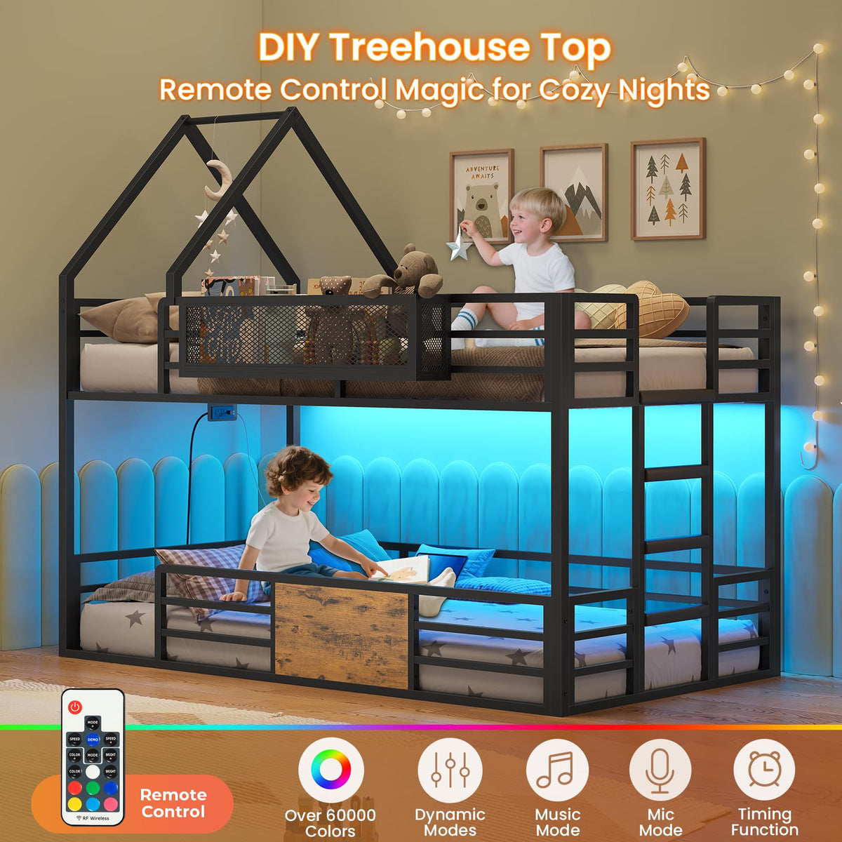ADORNEVE House Bunk Bed Twin over Twin with Storage Basket, Black