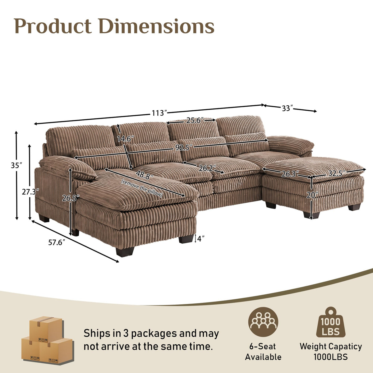 113" U Shaped Sectional Sofa Modular Couch with Ottoman, Corduroy Brown