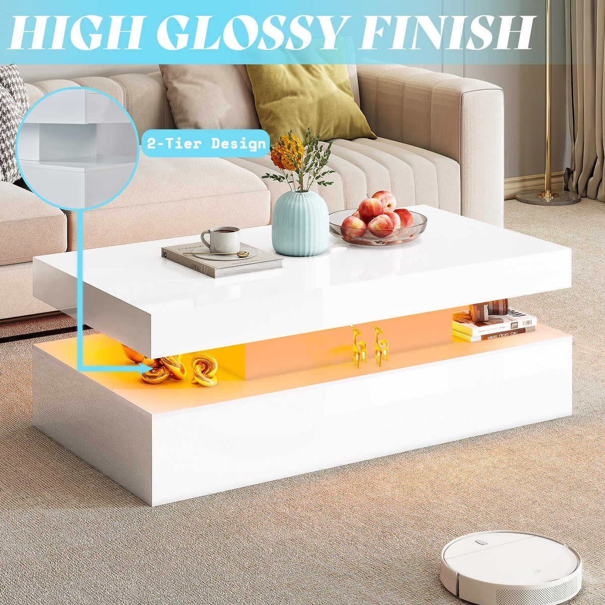 AMERLIFE 3-Piece High Gloss Coffee Table Set with LED Lights
