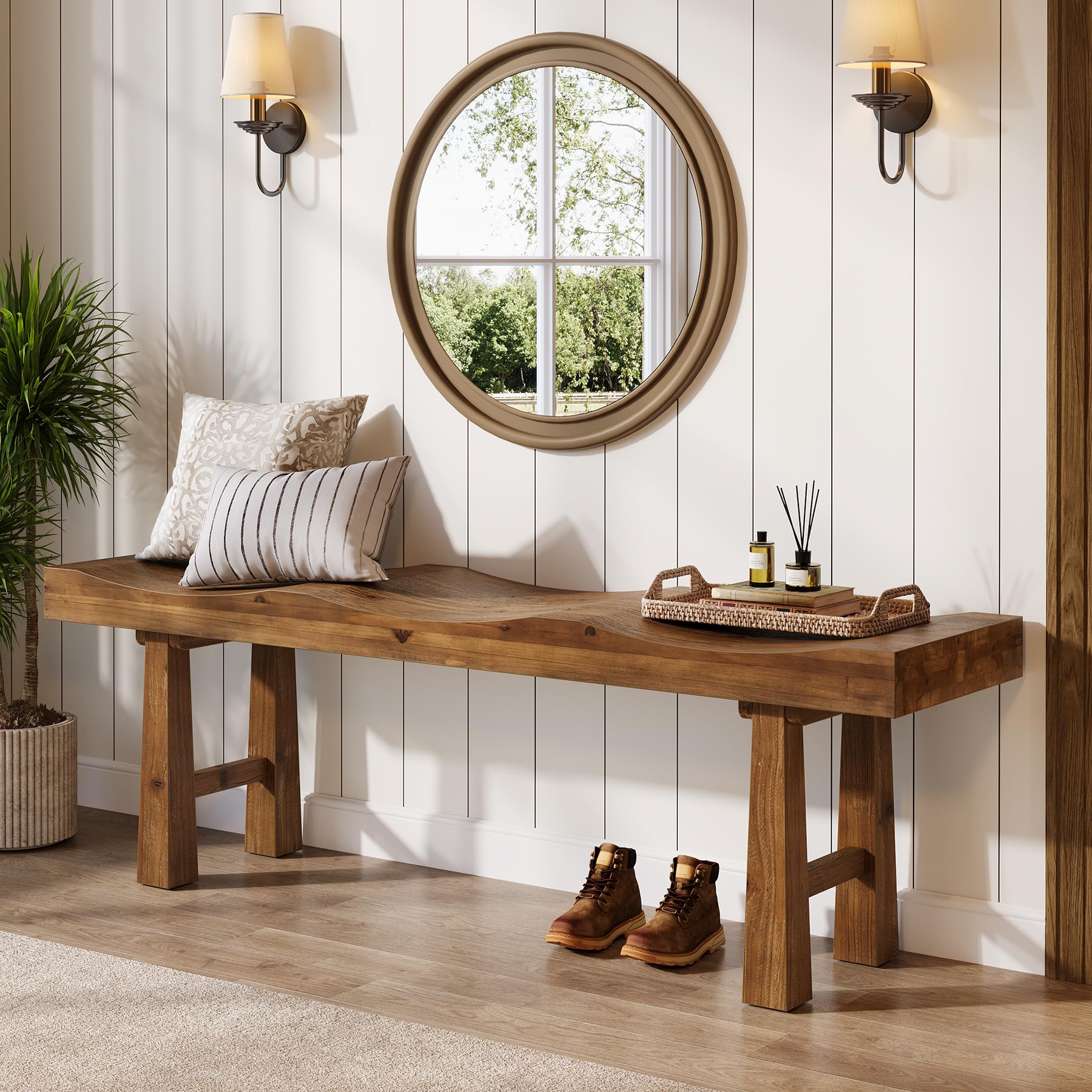 Solid Wood Entryway Bench with Wave-Top Design, 55"