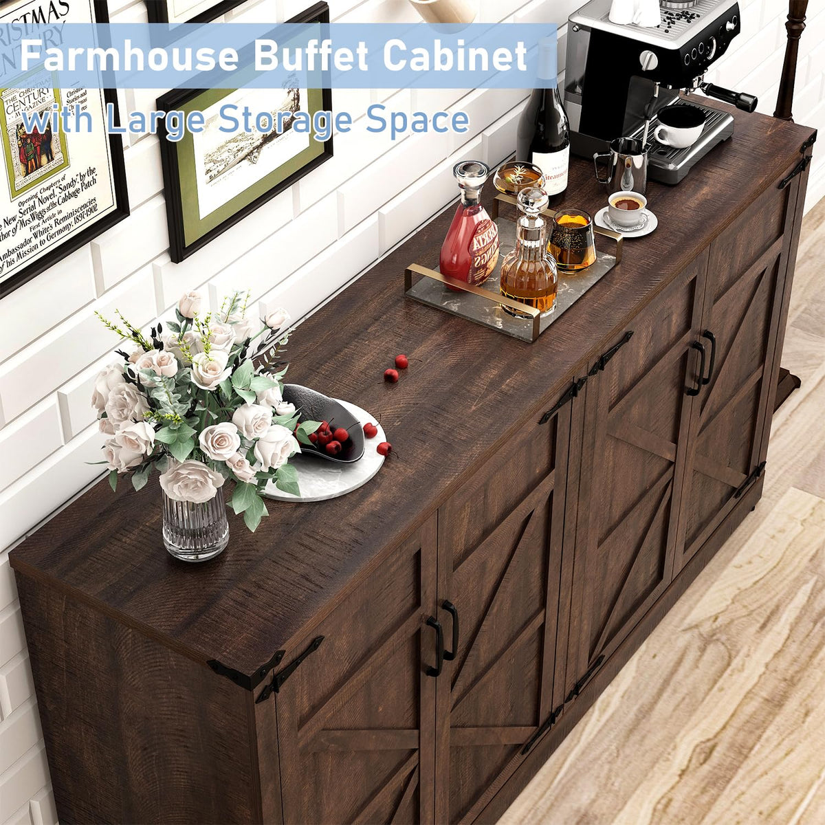 65 Inch Sideboard Buffet Cabinet with Storage, Farmhouse Kitchen Pantries Sideboard Cabinets with Adjustable Shelves, Wooden Coffee Bar Cabinet Buffet Table for Kitchen, Dining Room, Brown
