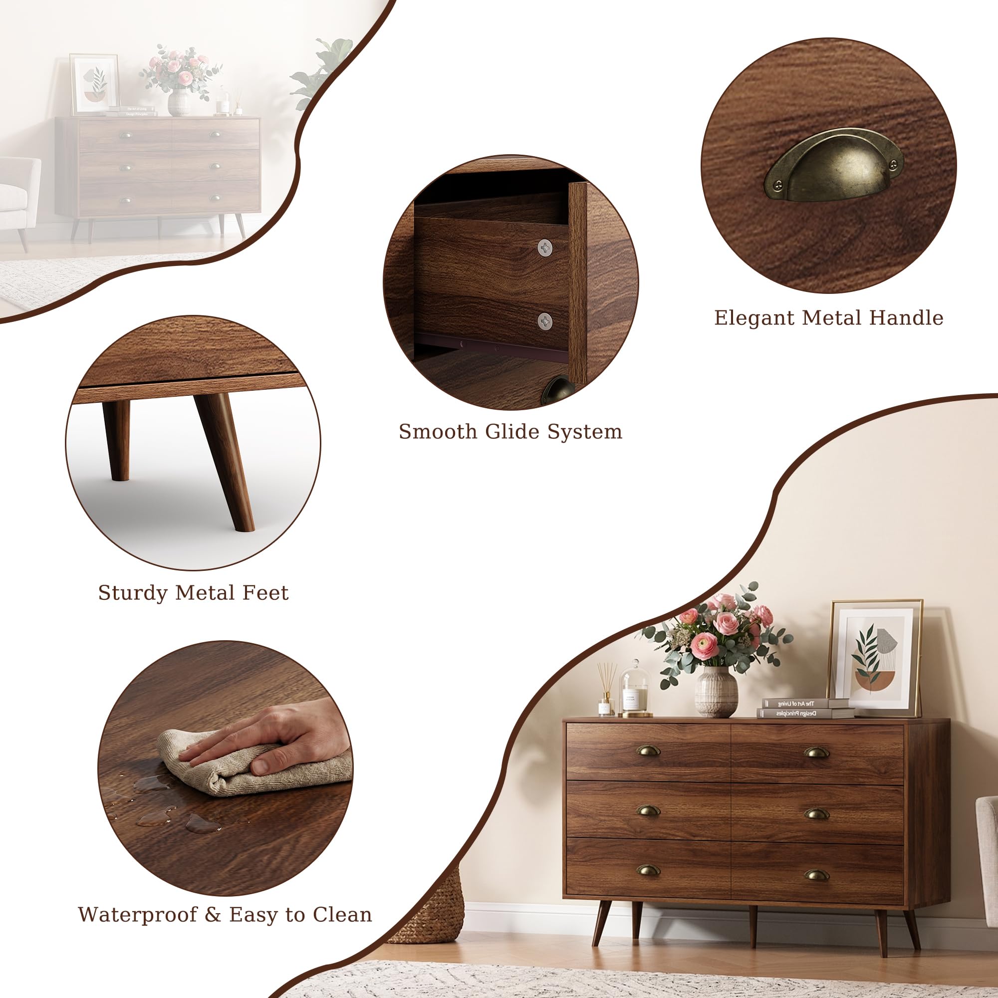 CARPETNAL Walnut Dresser for Bedroom, 6 Drawer Dresser with Wide Drawers and Gold Metal Handles, 47” Wood Dressers & Chests of Drawers for Hallway, Entryway.