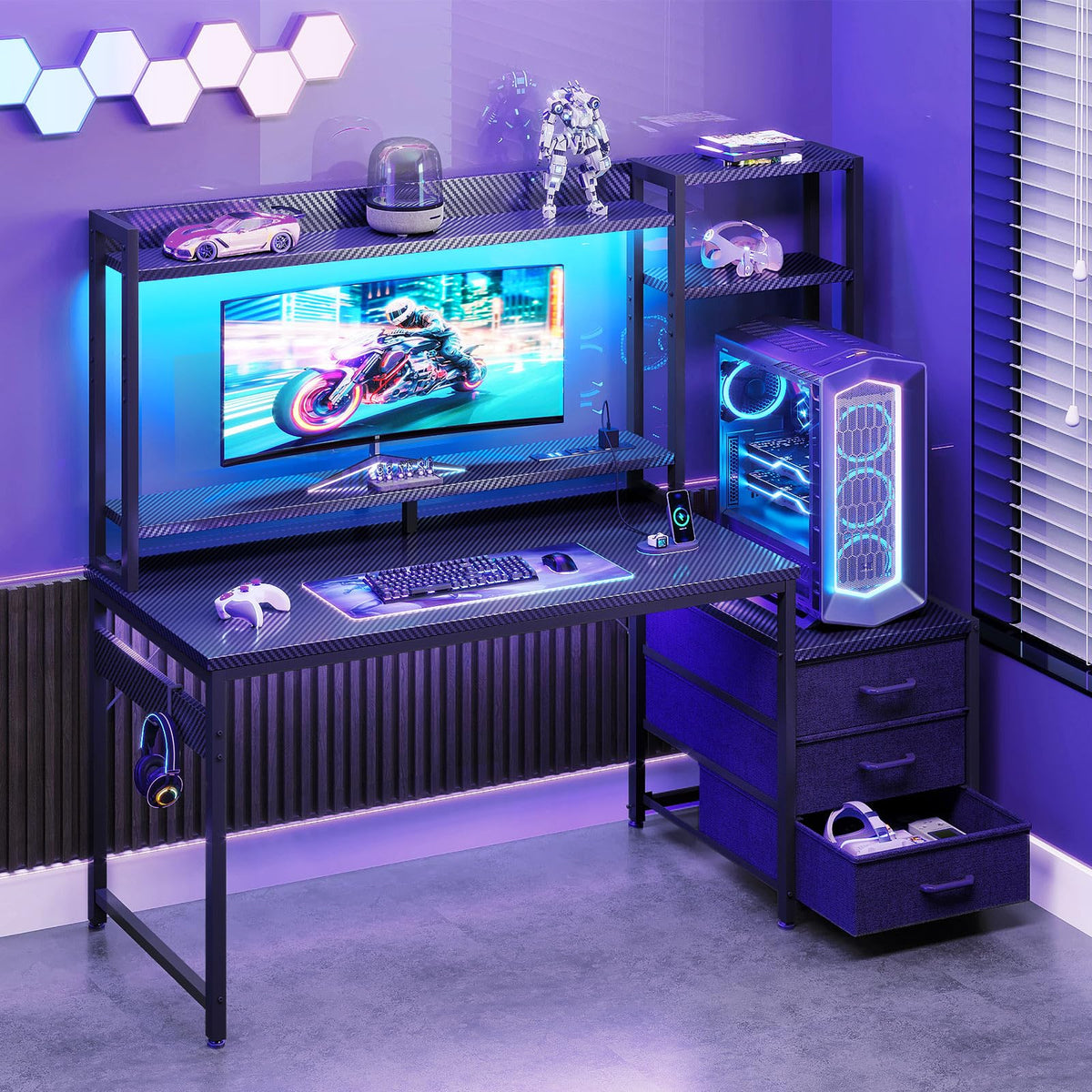 Casaottima 48 Inch Gaming Desk with Shelves & 3 Drawers & LED Light & Hutch