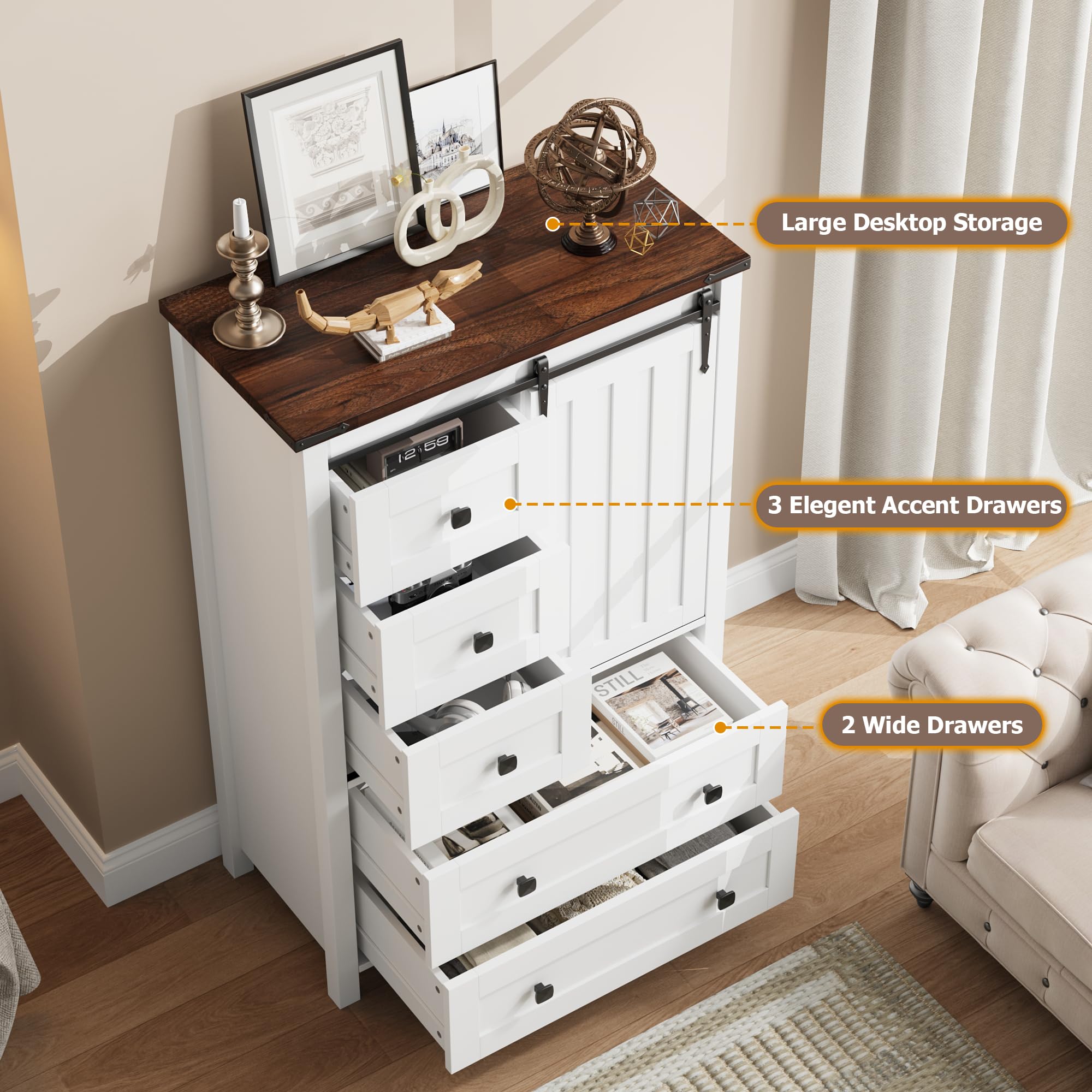 GarveeHome Farmhouse 5 Drawer Dresser for Bedroom, 48 in Tall Wood Dresser Chest of Drawer with Sliding Barn Door, Adjustable Shelf, Storage Organizer for Bedroom, Hallway, Living Room, Kitchen, White