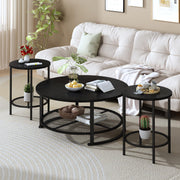 Recaceik Round Coffee Table and End Table Set of 3 with Storage, Modern Vintage Black Coffee Table and Side Table for Living Room, Office, Apartment, Small Space