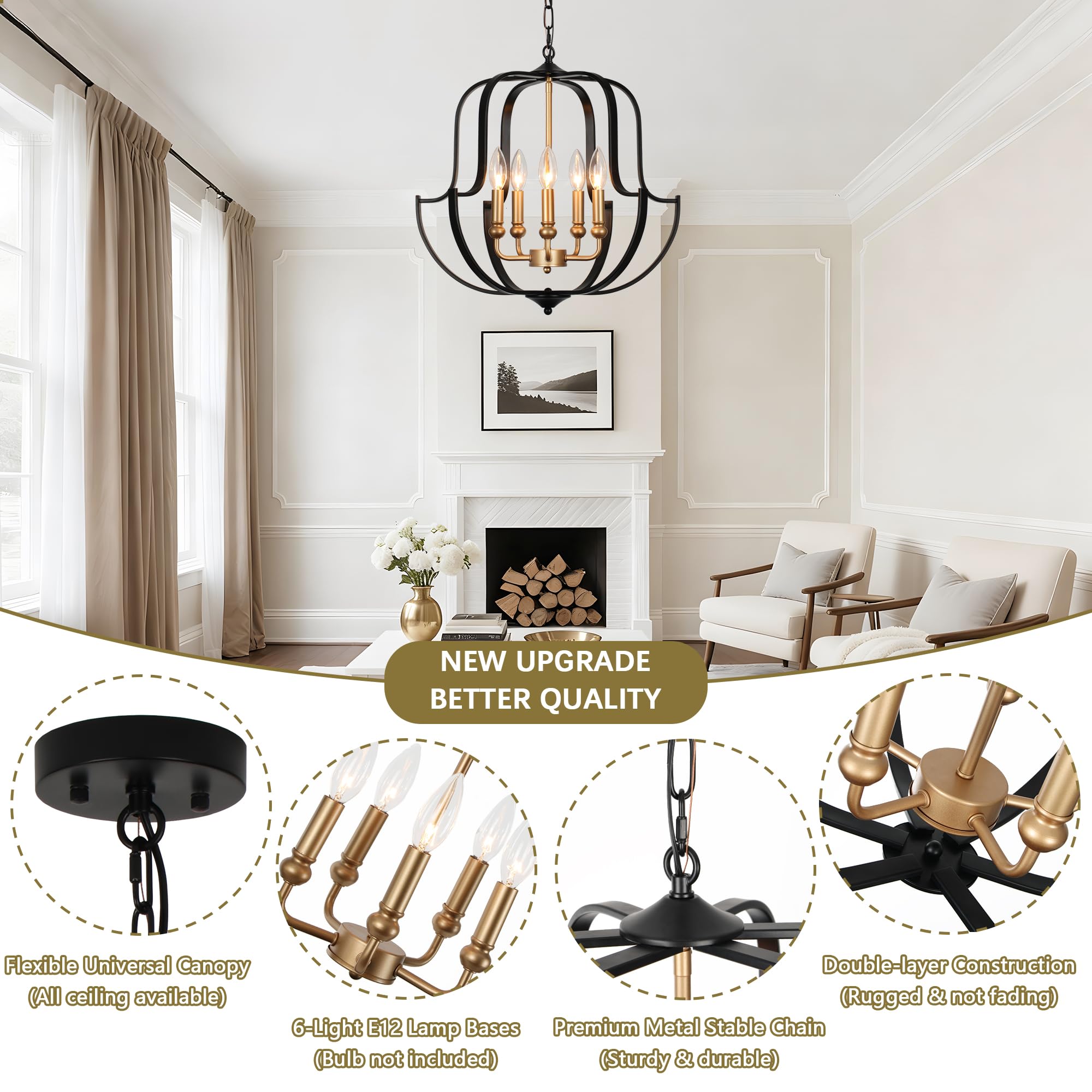 QMNHAU 19" Black and Gold Chandelier for Dining Room, 5-Light Rustic Farmhouse Chandeliers Modern Industrial Hanging Pendant Light for Kitchen Entryway Hallway Foyer Living Room