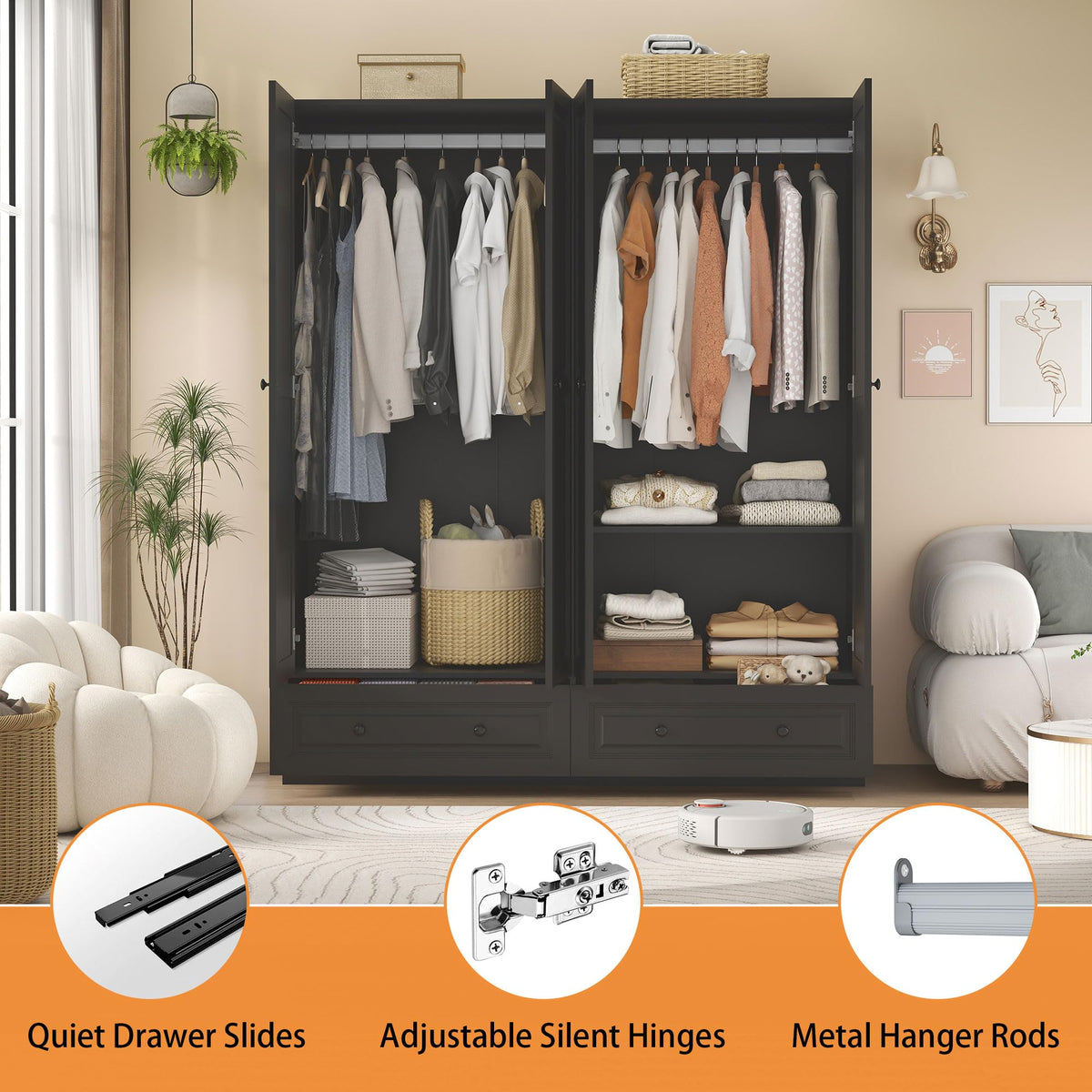 Mhsatyrs Black Armoire Wardrobe Closet with 2 Drawers, 74" Tall X 63" Wide