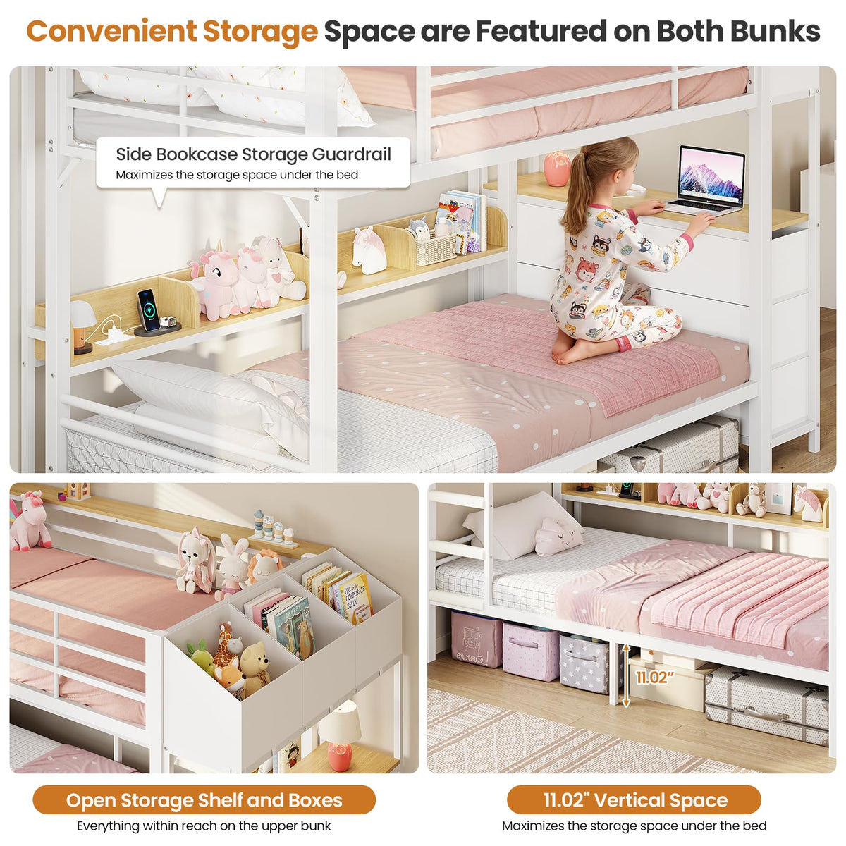 Twin Over Twin Bunk Bed with Storage & LED Lights