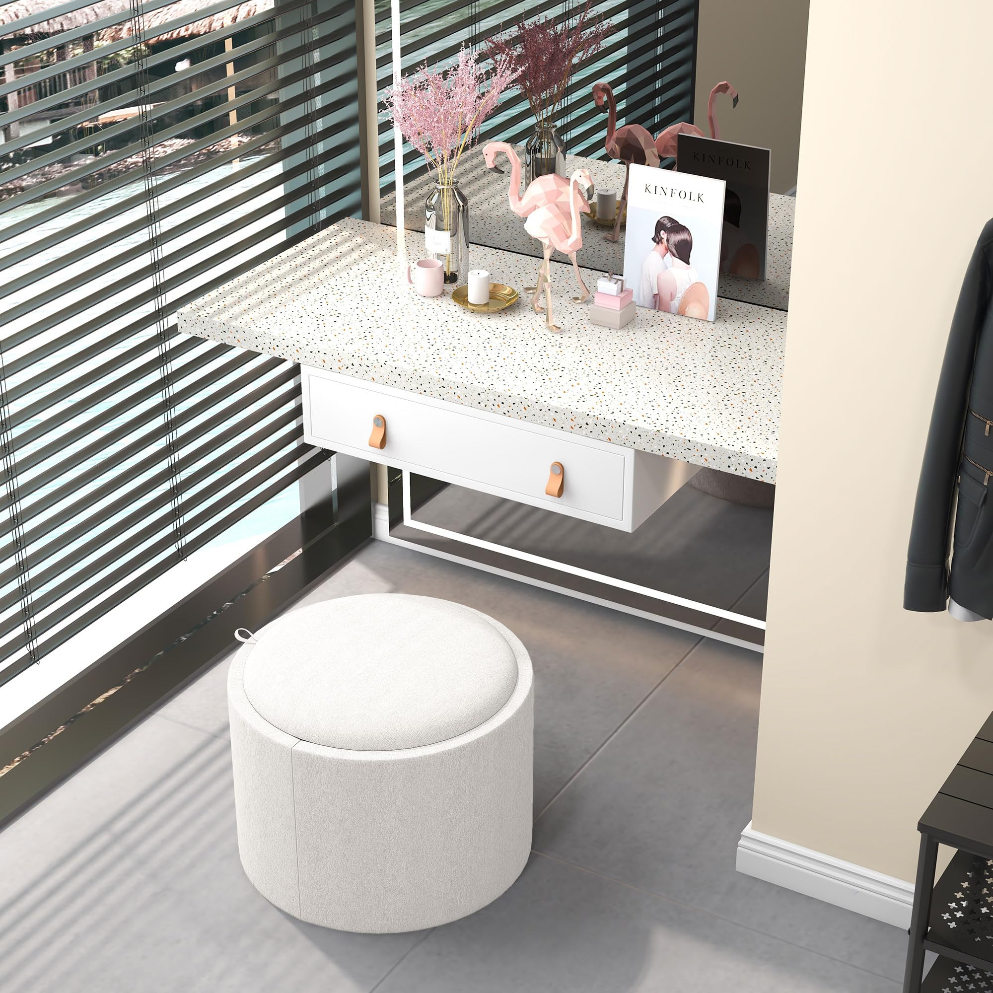 Round Storage Ottoman with Flip-Top Tray
