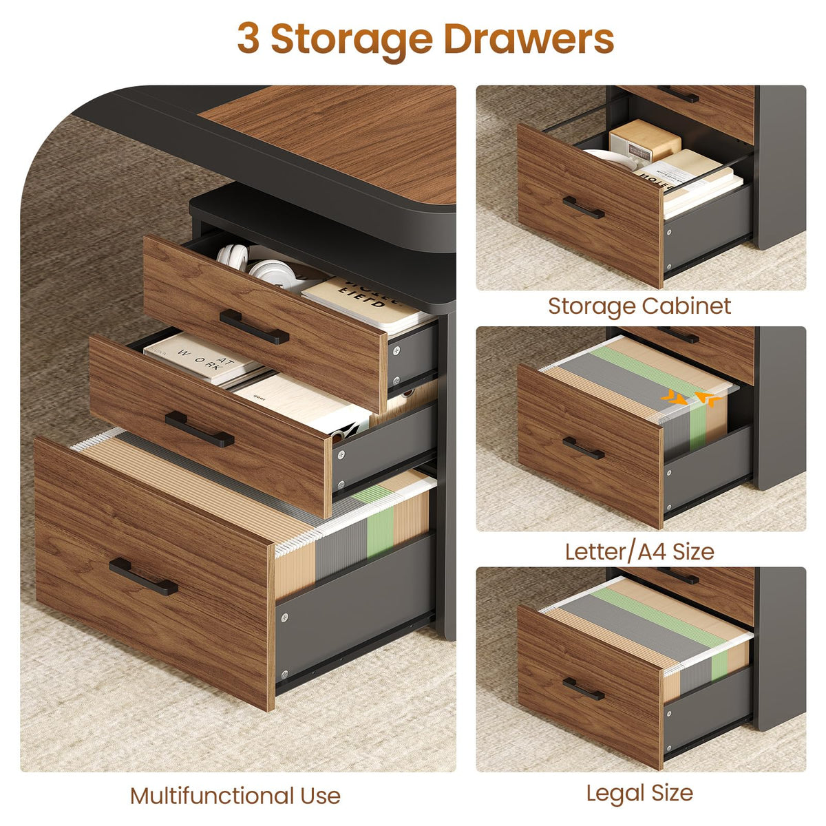 Itaar 70.9" Executive Desk, Large Computer Desk with Drawers and Lateral File Cabinet, Office Desk with Removable Shelves, Business Furniture Desk Workstation for Home Office, Brown
