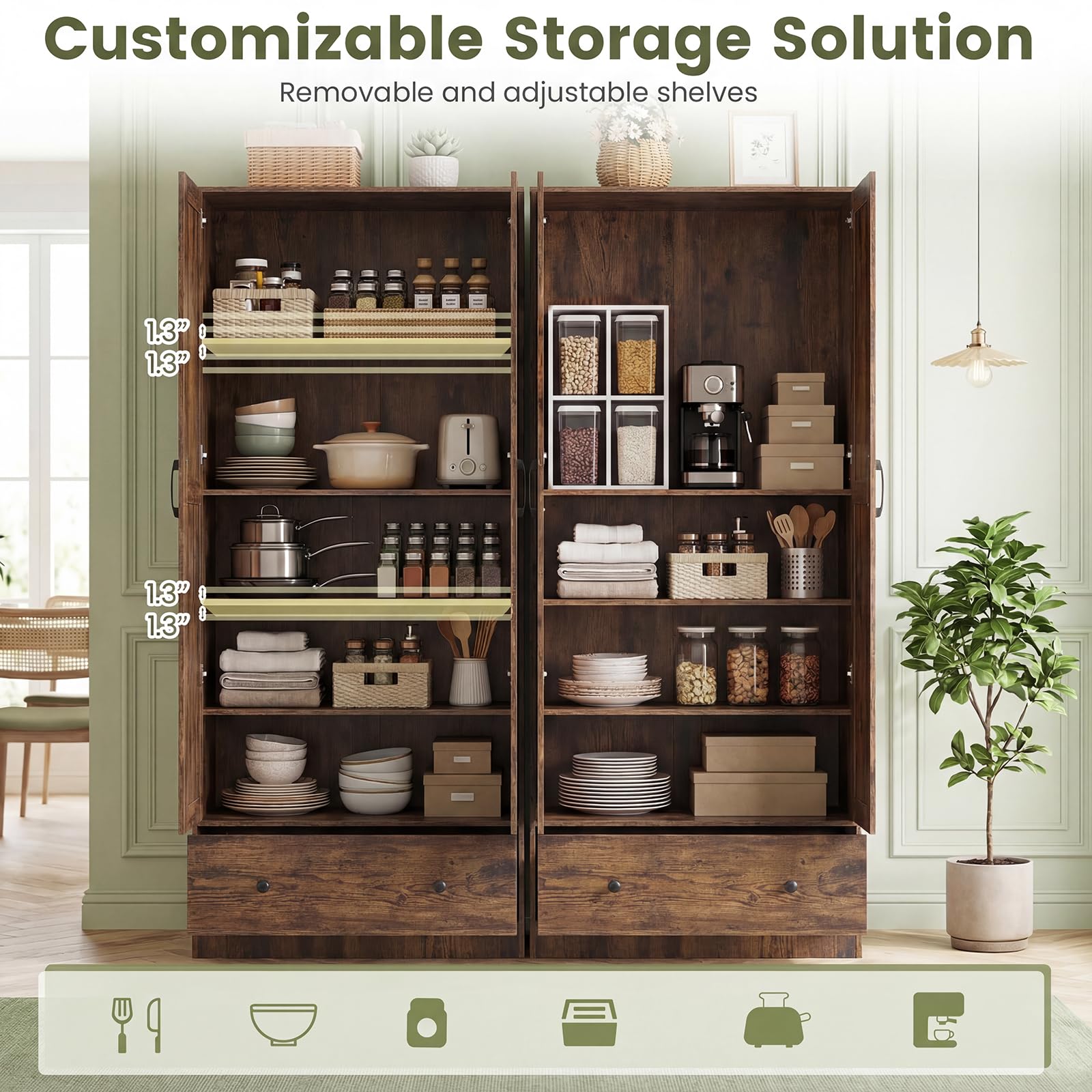 Giantex 72" Tall Kitchen Pantry Cabinet, Farmhouse Wooden Cupboard w/ 2 Doors, Drawer & Adjustable Shelves, Freestanding Versatile Storage Cabinet for Dining Room Living Room Bathroom (Rustic Brown)