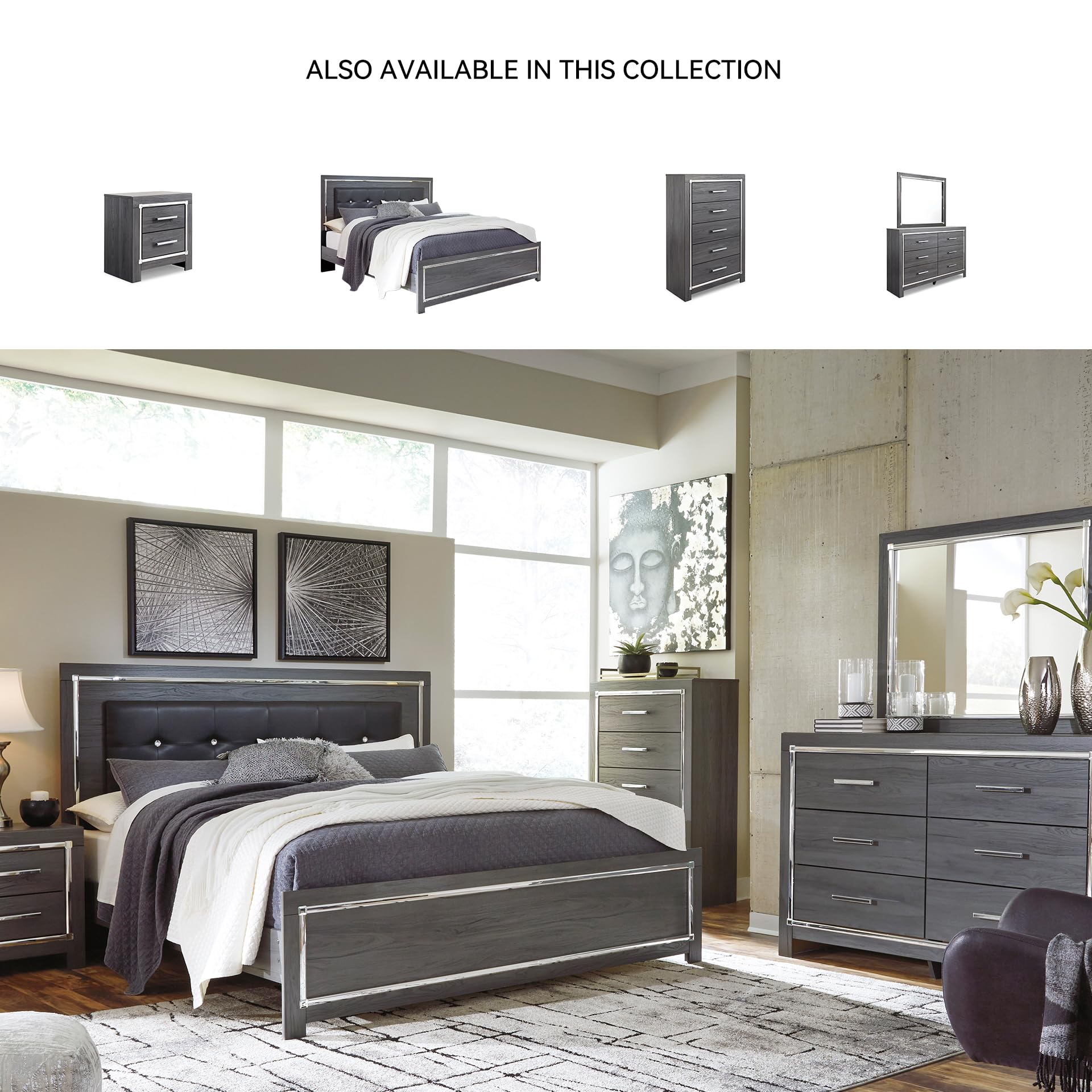 Signature Design by Ashley Lodanna Modern Glam 5 Drawer Chest, Faceted Chrome-tone Pulls and Accents, Wood, 33.75" Wide x 15.75" Deep x 51" High, Gray