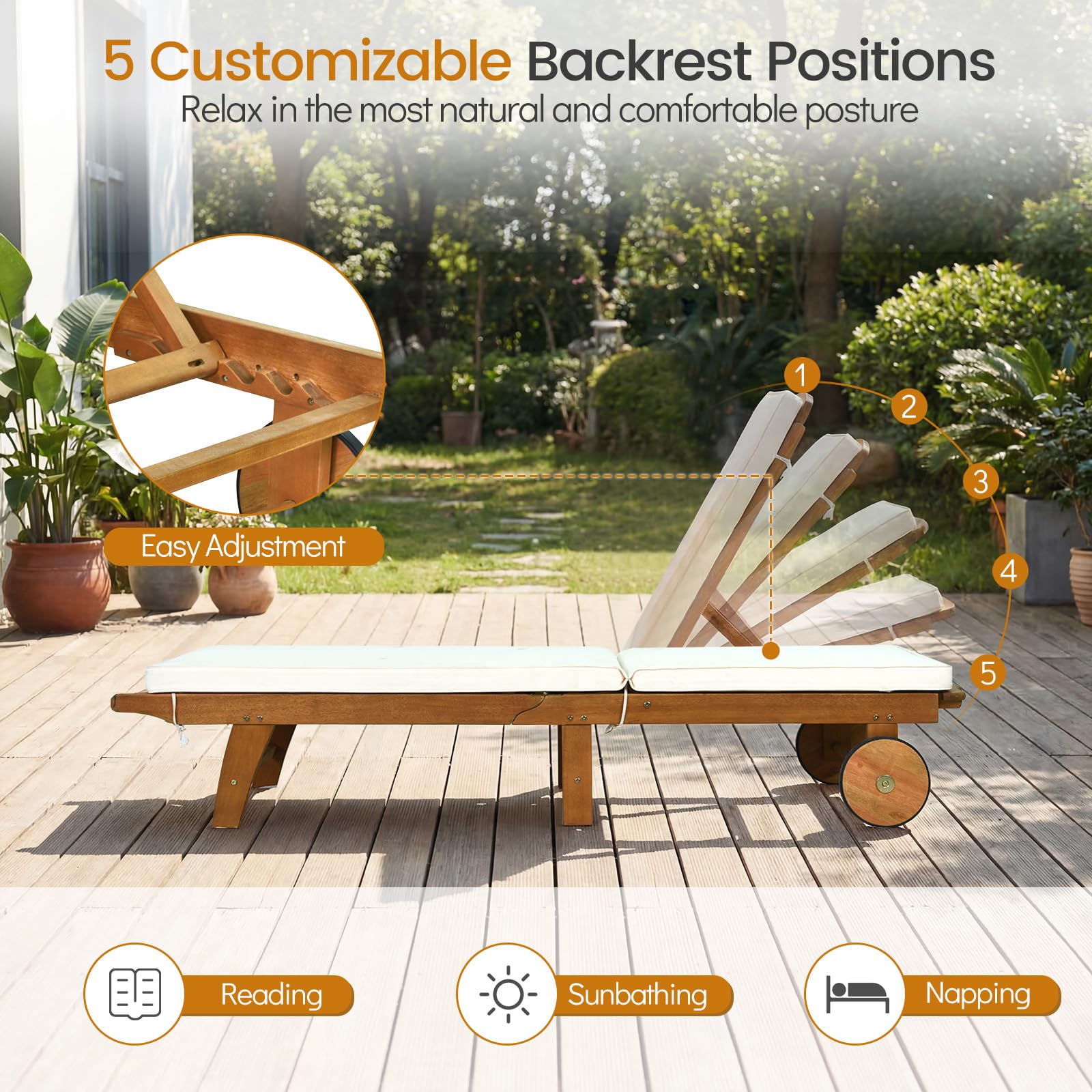 Tangkula Folding Lounge Chair Outdoor, Patio Eucalyptus Wood Chaise Lounge with 5-Level Adjustable Backrest & Cushions, Portable Beach Pool Sunbathing Recliner with Wheels for Outside (1,Off White)