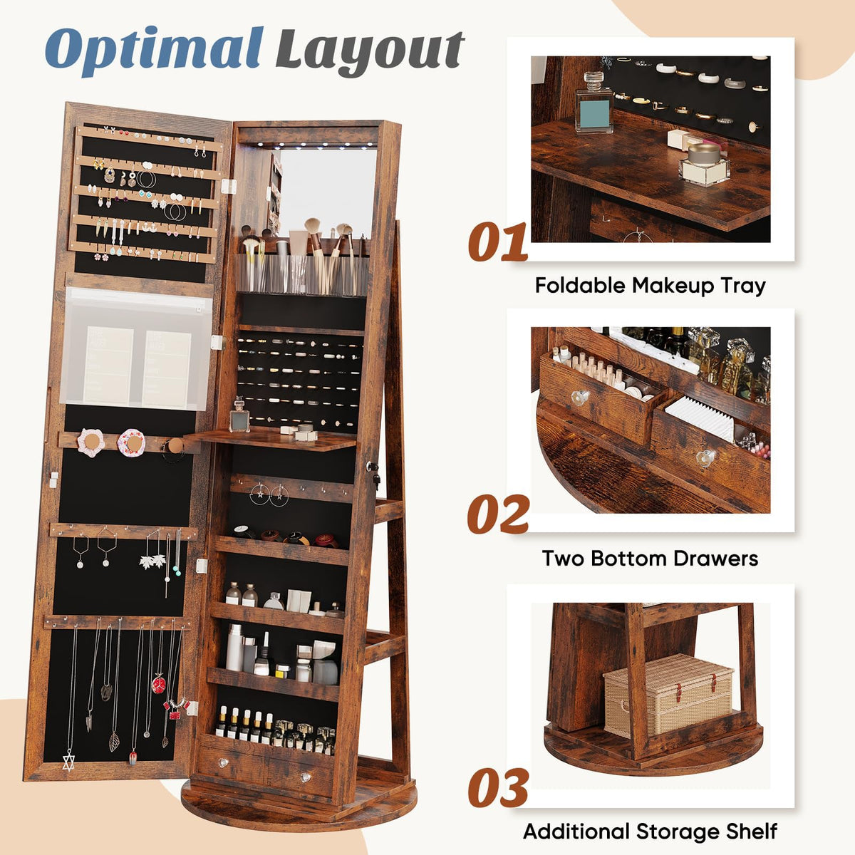OLIXIS 360° Swivel Jewelry Cabinet with Light, Lockable Full Length Mirror