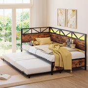 LIKIMIO Twin Daybed with Trundle, Metal Twin Size Bed Frame with LED Lights & Charging Station, Sofa Day Bed with Strong Supports for Living Room, Bedroom and Guest Room, Industrial Brown