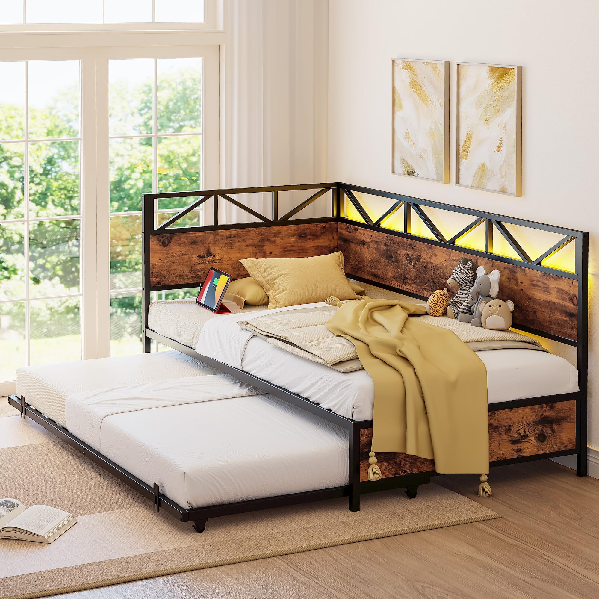 LIKIMIO Twin Daybed with Trundle, Metal Twin Size Bed Frame with LED Lights & Charging Station, Sofa Day Bed with Strong Supports for Living Room, Bedroom and Guest Room, Industrial Brown