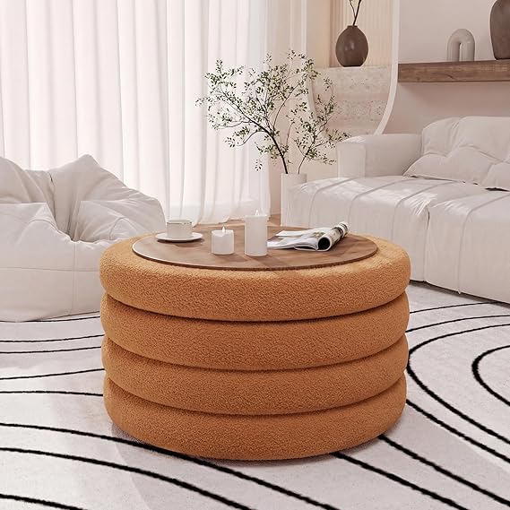 Round Sherpa Storage Ottoman with Tray