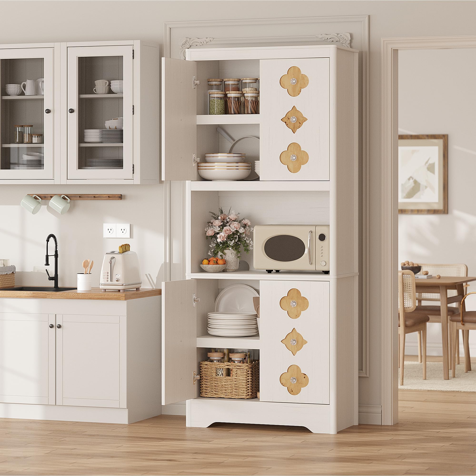 IDEALHOUSE Mid Century Modern Kitchen Pantry Cabinet, 72" Tall Storage Cabinet with Microwave Shelf, Wooden Freestand Cupboard with Carved Flower Door & Crystal Handle, for Dining Room
