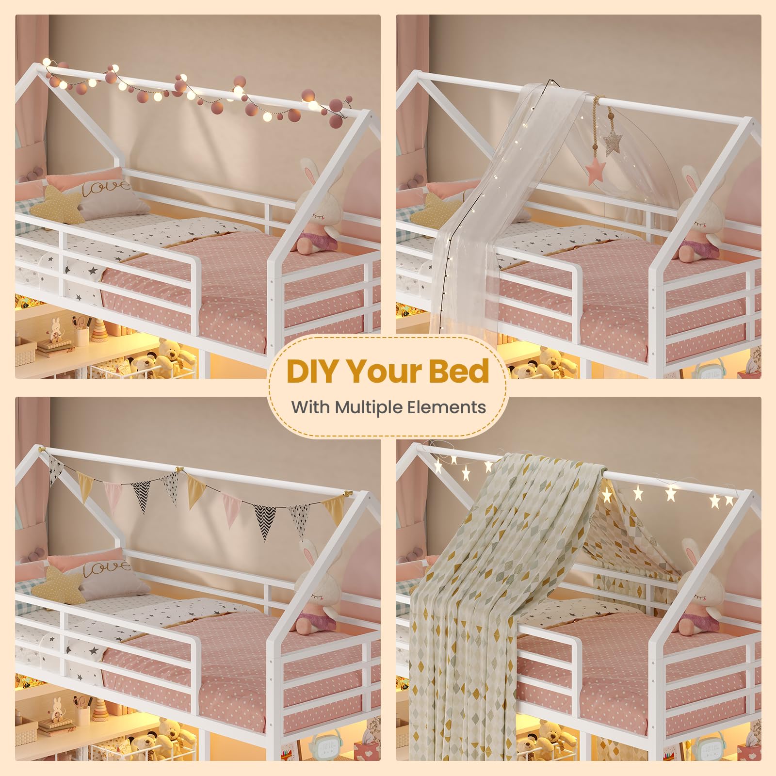 ADORNEVE Low Loft Bed Twin Size with 5 Storage Drawers, Twin Loft Bed with Bookcase & LED Lights, Open Storage Shelves, Metal House Bed with Safety Guardrail & Under-Bed Play Space for Kids, White