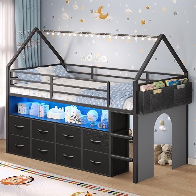 Twin Size Kids Loft Bed with Storage Drawers & LED Lights