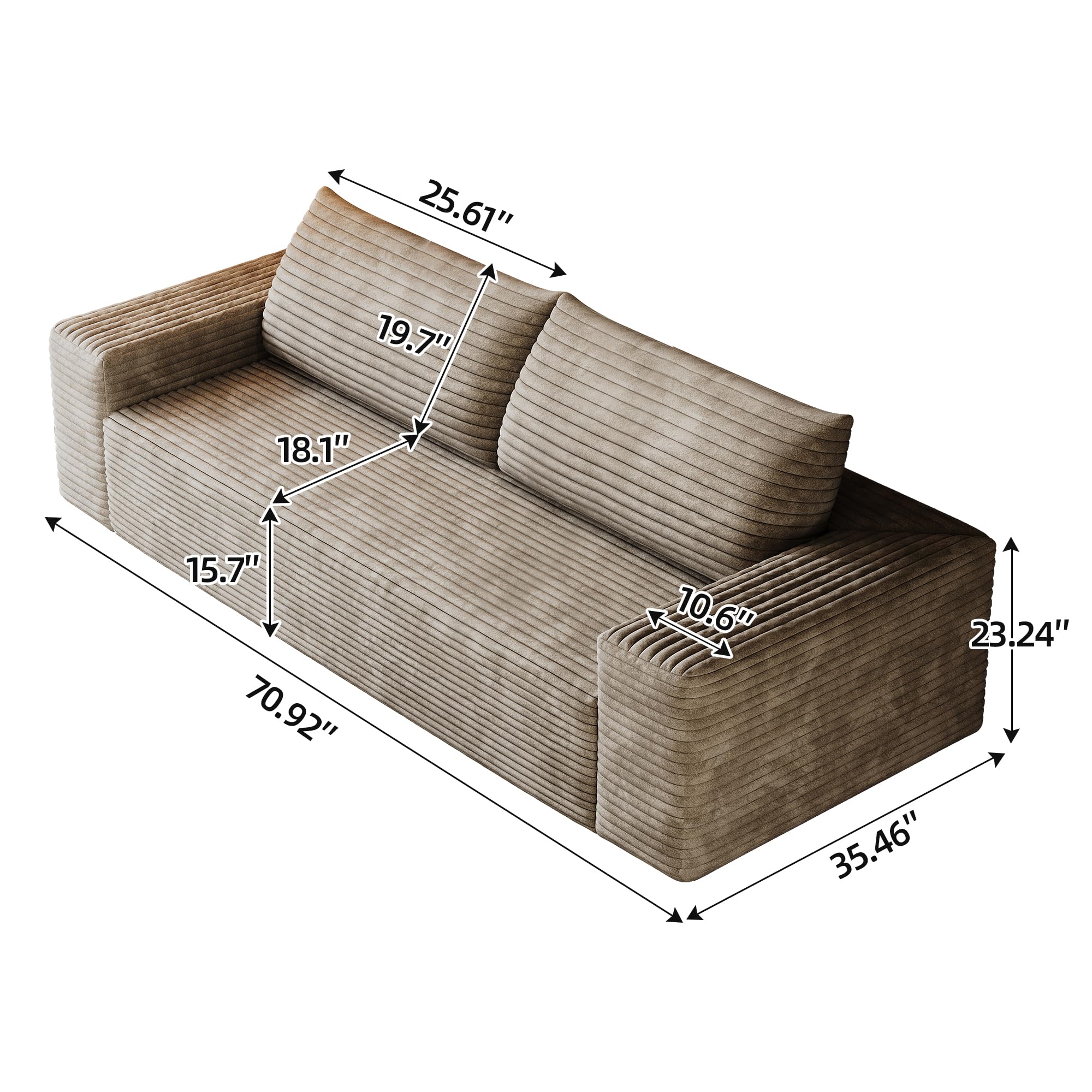 RENDGO 71" 3-Seater Love Seat Sofa,No Assembly Required, Plush Corduroy Loveseat Boneless Couch with High Cushion Backrest and Wider Armrest for Living Room Apartment Bedroom,Camel
