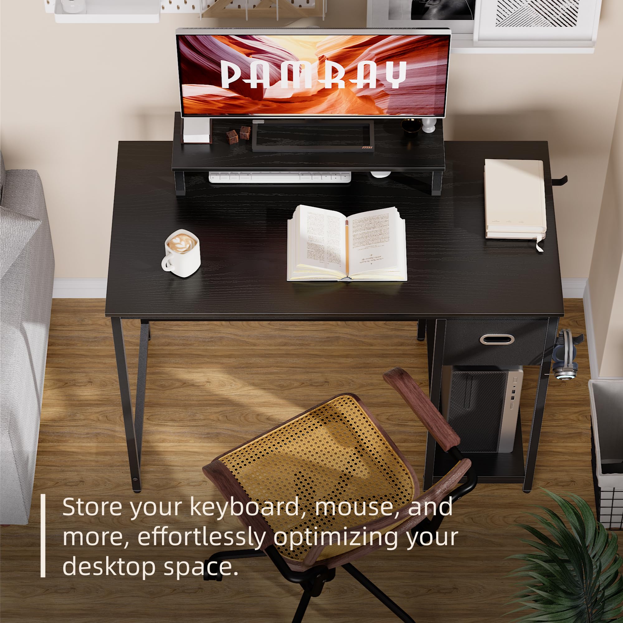 Computer Desk with Monitor Stand, Storage Drawer & Hooks
