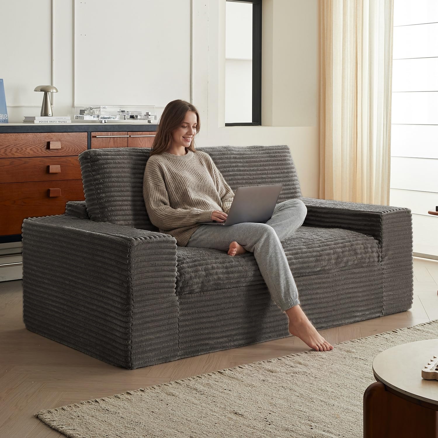 75" Fluffy Corduroy Boneless Couch Cloud Loveseat with Wide Armrest, Upholstered Floor Sofa in A Box, No Assembly Required, Sleeper Sofa for Small Compact Living Room,Office,Apartment (Grey)