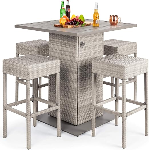 5-Piece Outdoor Wicker Bar Table Set with Stools