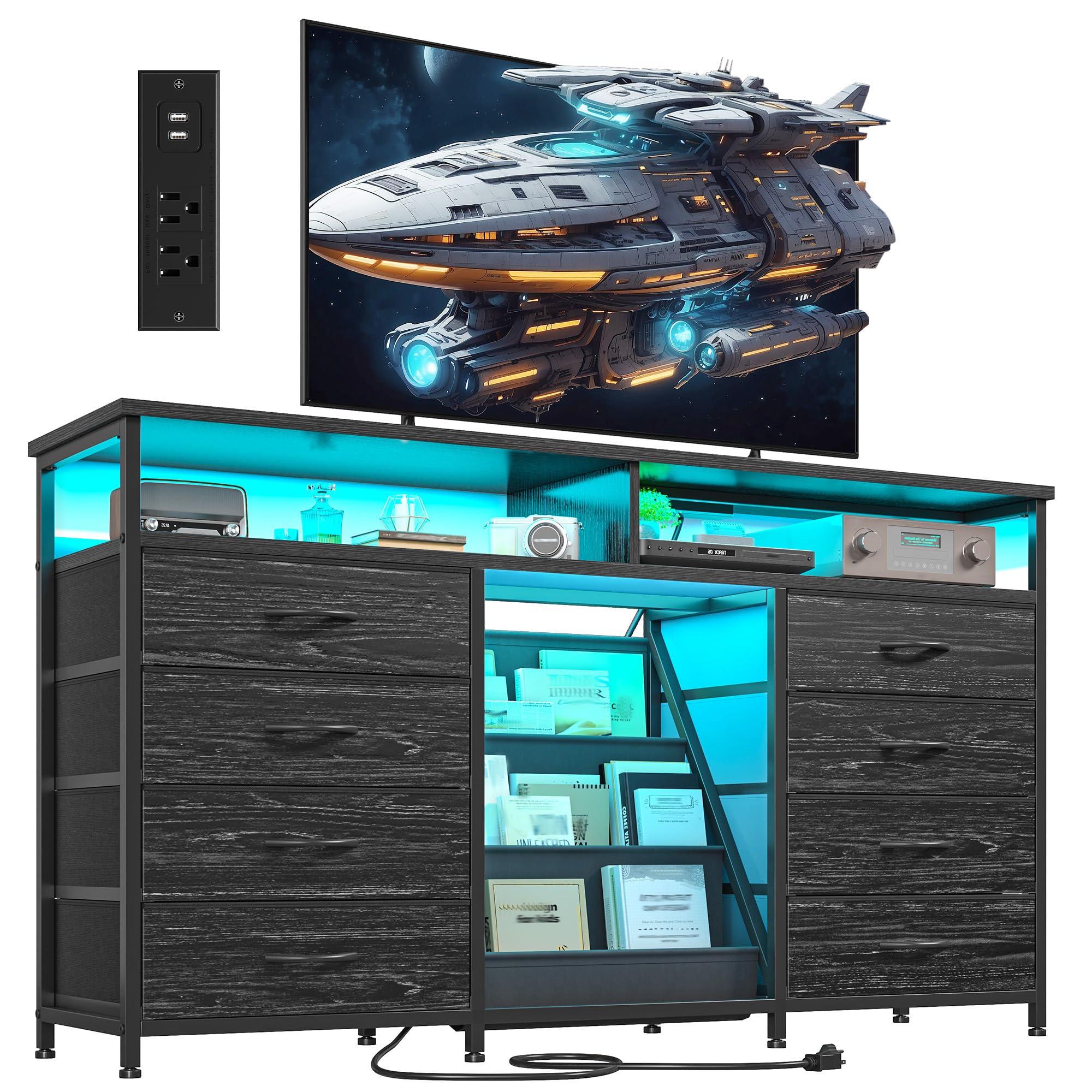 EnHomee 55 ” W Dresser for Bedroom with Bookrack & 8 Fabric Drawers, Dresser TV Stand with Power Outlet & LED Lights for 65 Inch TV, Chest of Drawers for Cabinet, Entryway, Charcoal Black