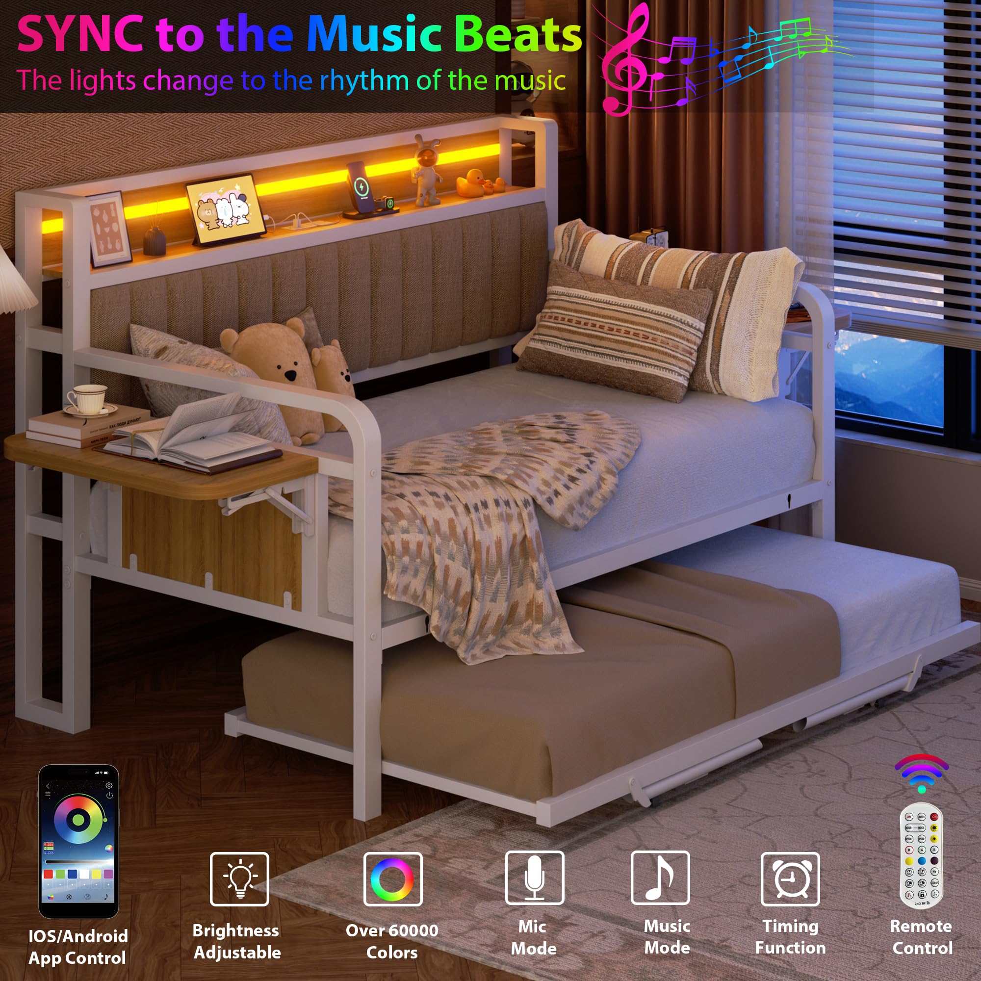Daybed with Trundle and LED Light, Heavy Duty Metal Twin Bed Frame with Upholstered Storage Headboard & Charging Station, Day Bed Pop Up Trundle Bed Twin for Living Room,Bedroom and Guest Room, White