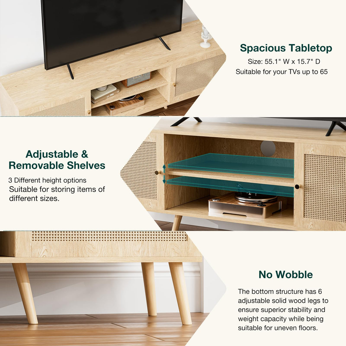 ZttRiee TV Stand with Rattan Doors for TVs up to 65", Mid-Century, Natural