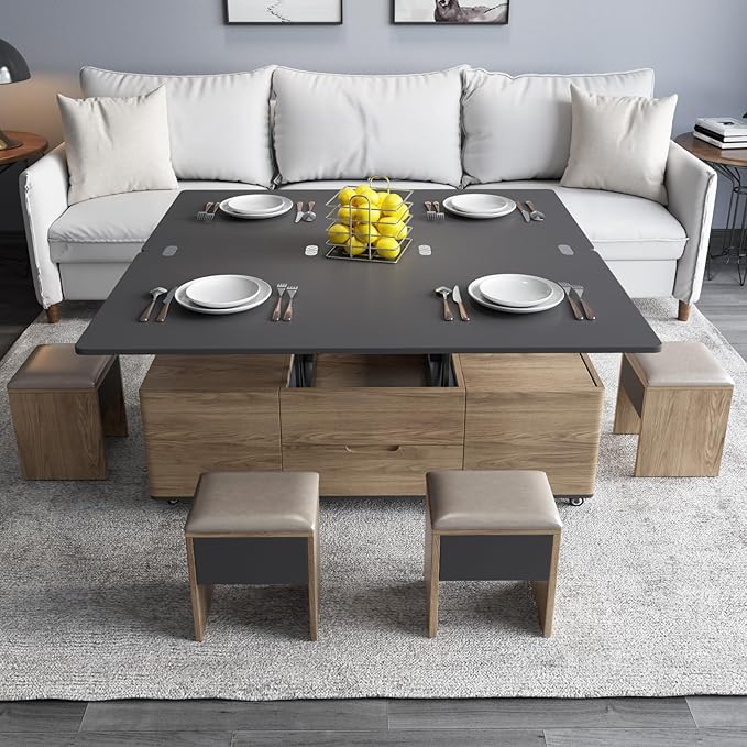 3-in-1 Lift-Top Coffee Table with Storage Stools & Wheels