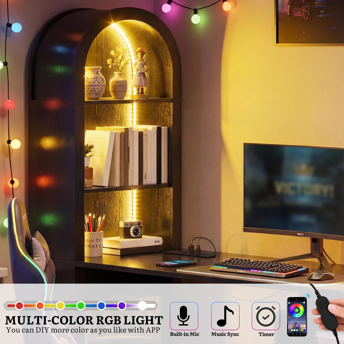 LED Computer Desk with Bookshelf