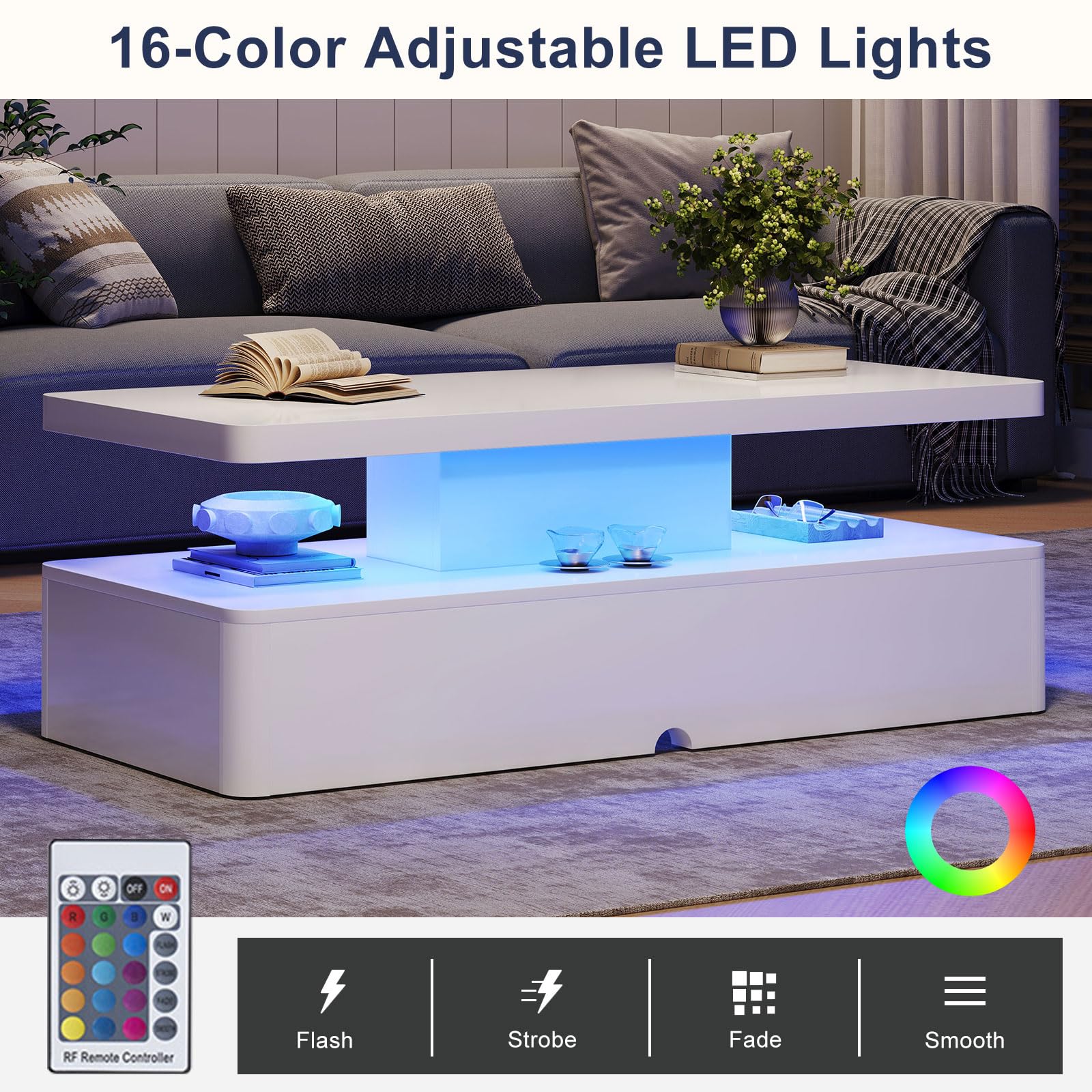 MXV Modern Coffee Table, 47 Inches Coffee Tables with 16 Colors LED Lights, 2 Tier Rectangular Center Table, Large Storage Space, High Glossy Wooden Tea Table for Living Room, Bedroom, Office, White