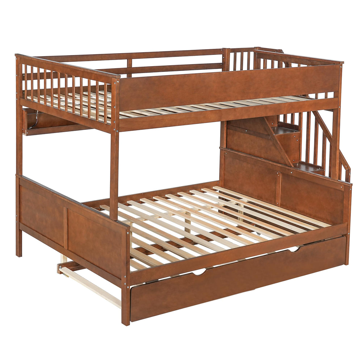 SOFTSEA Full XL Over Queen Bunk Bed with Trundle & Stairs, Solid Wood Bunk Bed Frame with Storage Shelves & LED Lights, Space Saving Bunk Beds with Storage Stairs for Kids Teens Adults, Walnut