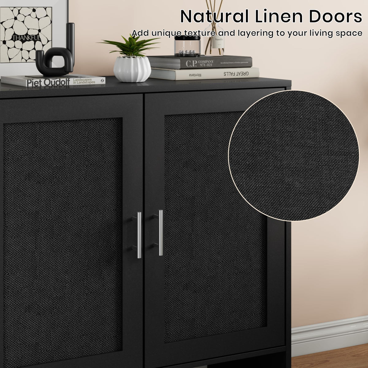 DHZ Buffet Storage Cabinet, Farmhouse Sideboard with Black Rattan Doors & Adjustable Shelf, 31.5" Narrow Coffee Bar Cabinet, Kitchen Storage Credenza, Entryway Accent Liquor Cabinet