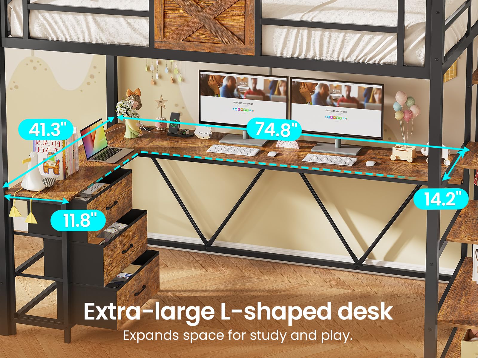 Loft Bed with L-Shaped Desk, Wardrobe & Storage Stairs