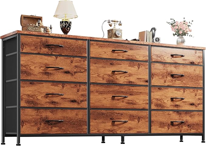 12-Drawer Long Dresser with Metal Frame and Wood Top