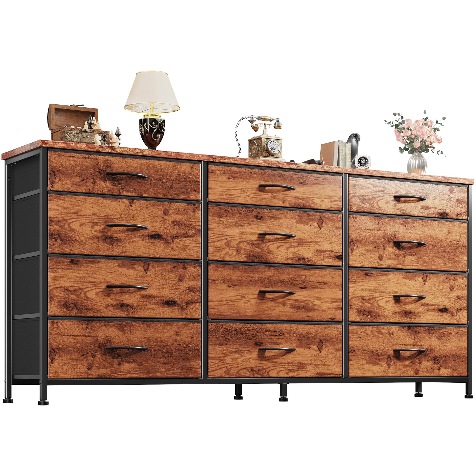Romorgniz 55" Dresser for Bedroom with 12 Fabric Drawers, TV Stand for 60 inch TV Dressers & Chests of Drawers Large Organizer, Living Room, Metal Frame, Wood Top, Rustic Brown