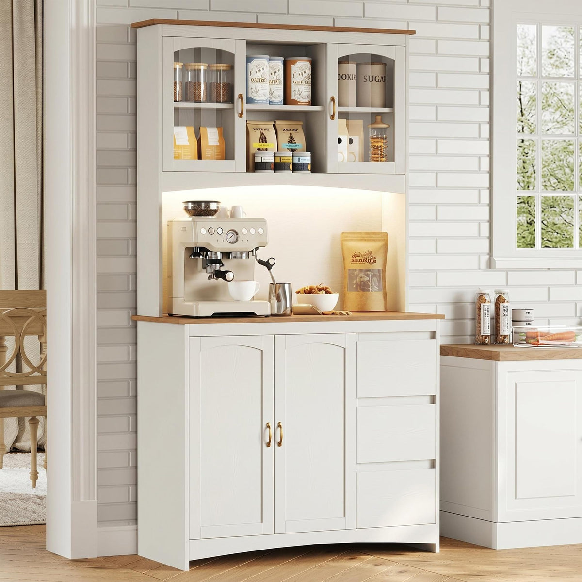 Garvee 71" Kitchen Pantry Cabinet with LED Lights & Charging Station