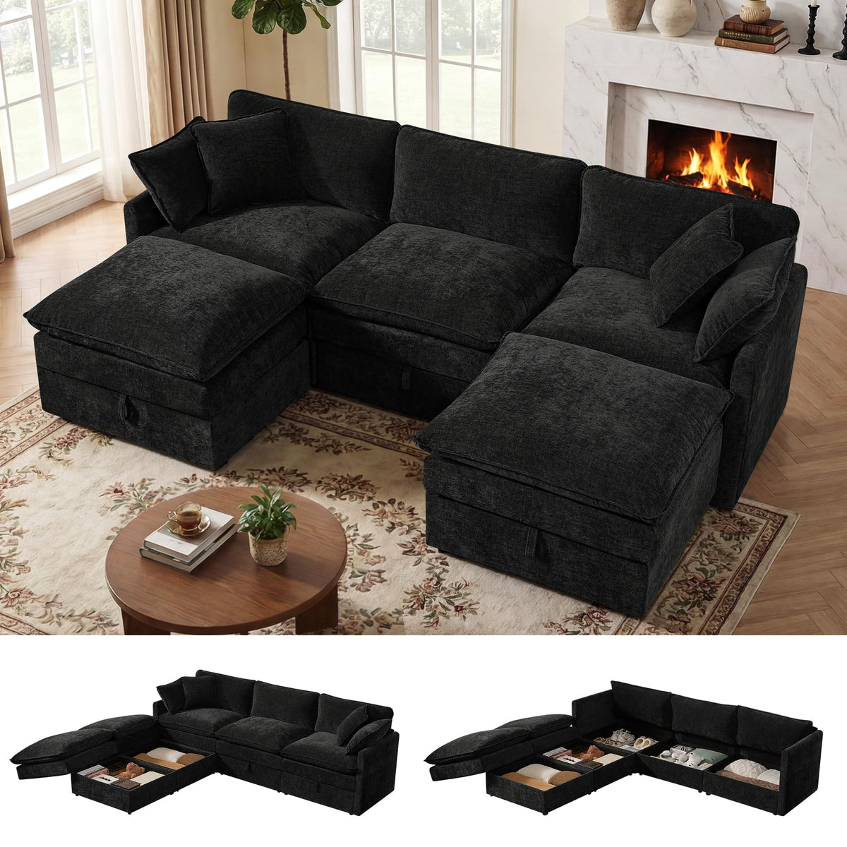 WorthFurni Modular Sectional Sofa with Storage Ottomans,103" U-Shaped Cloud Couch,Comfy Modern Couches with Pillows & Upholstered Deep Seat Cushion for Apartment Living Room Bedroom（Black）
