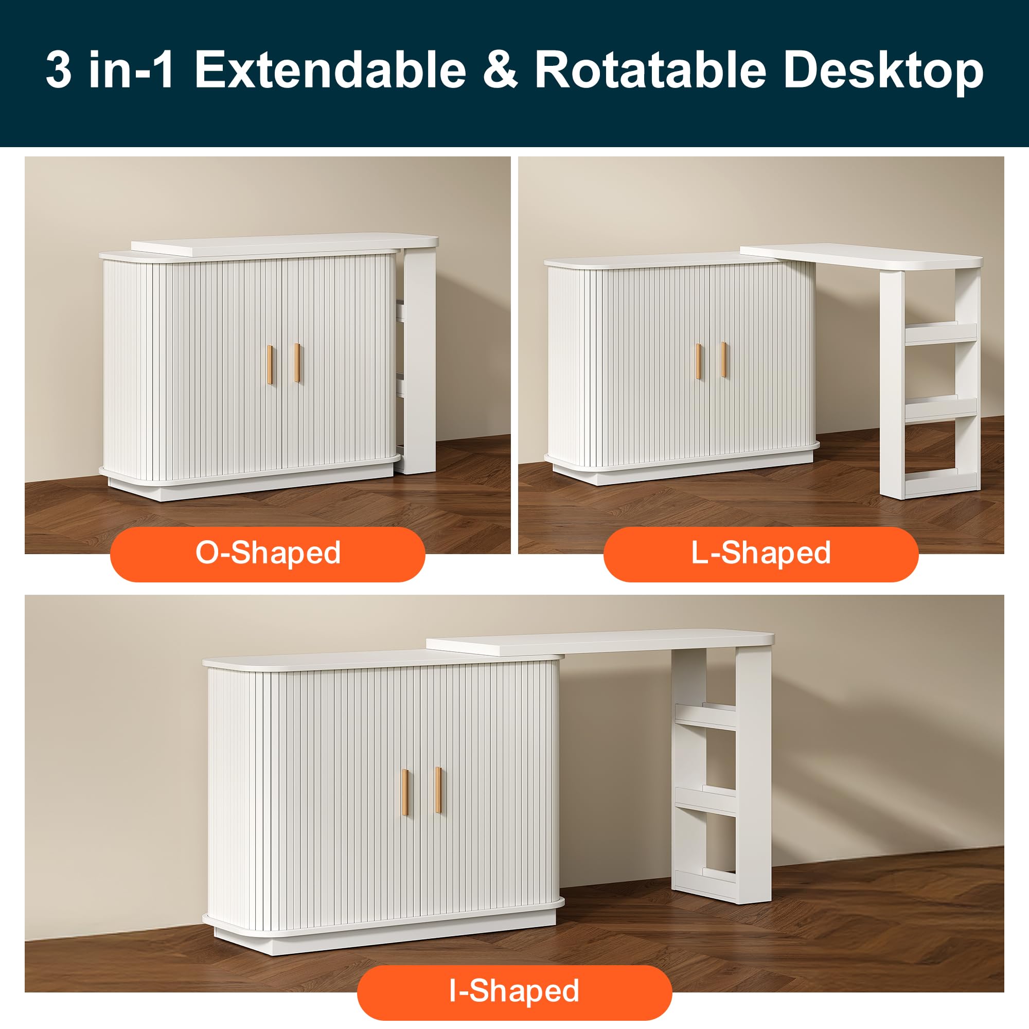 RoyalCraft 68” Extendable Makeup Vanity Desk, Modern L-Shaped Corner Vanity Desk with Silding Door, White Fluted Makeup Table with Curved Desktop and Adjustable Shelf, Wood Dressing Table for Bedroom